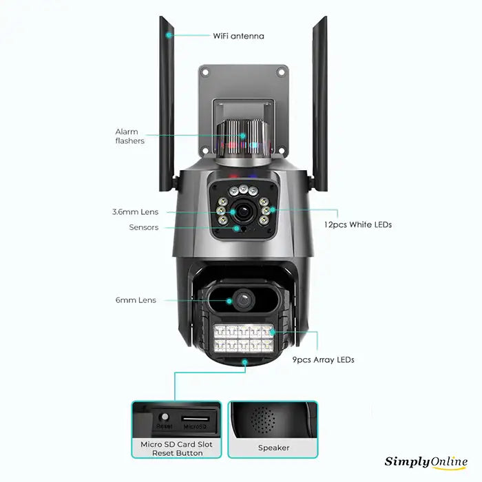 WiFi Dual Camera PTZ + Siren / Alarm - Dual Lens
