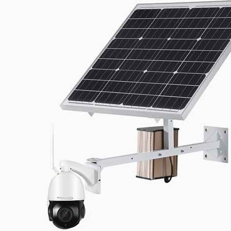 Solar-powered security camera with a solar panel on a white background, featuring the brand 'SimplyOnline'.