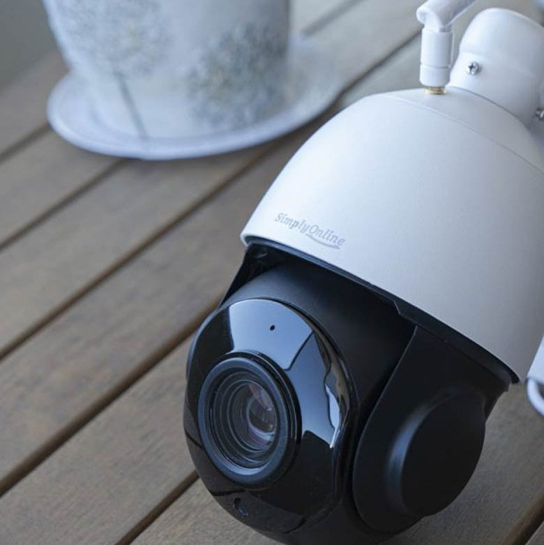 Security camera on a wooden surface with a plant in the background