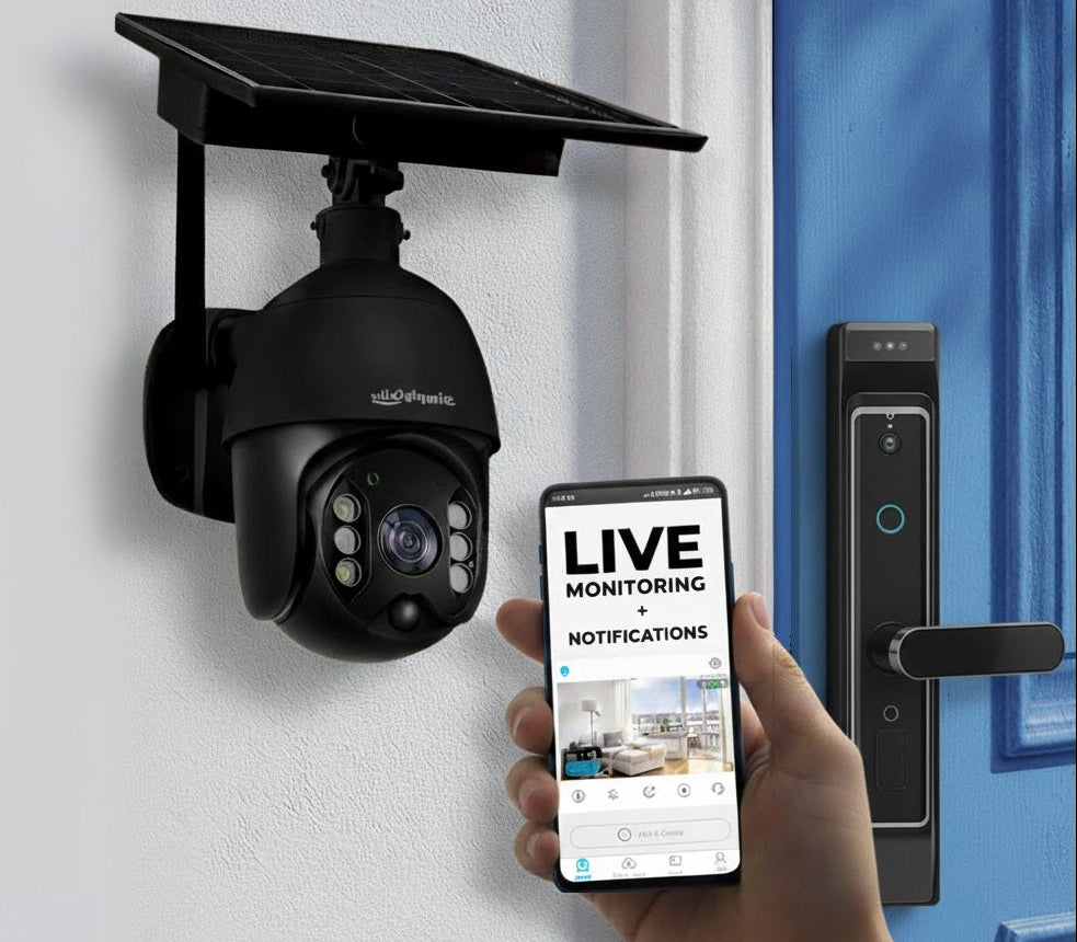 Solar security camera on a wall with a smartphone displaying home monitoring app, next to a door with a smart lock.